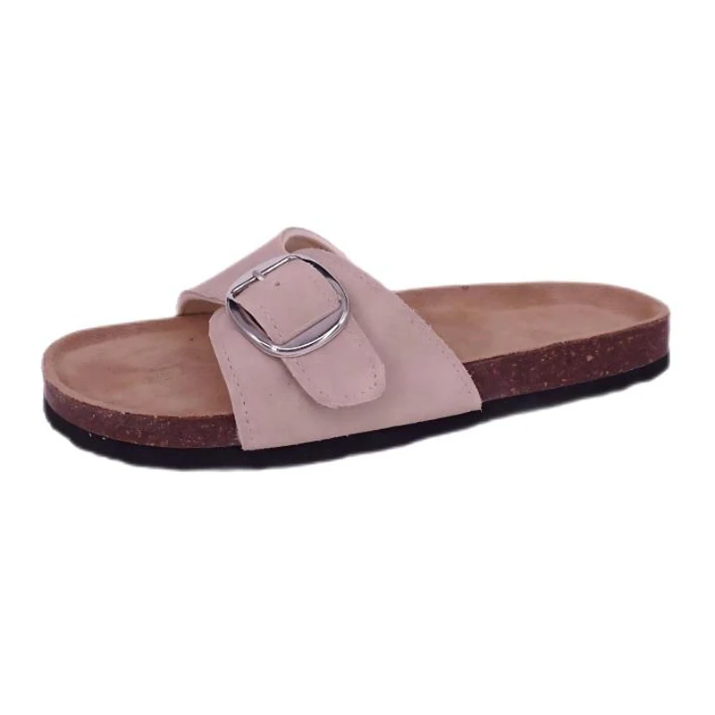 Women's One Buckle Strap Genuine Suede Cork Sandals